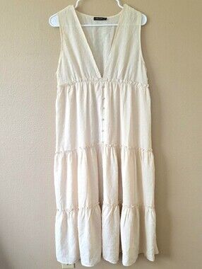 Emerson Lang Maternity Ivory Swiss Dot Button Front Midi Dress - Size Large